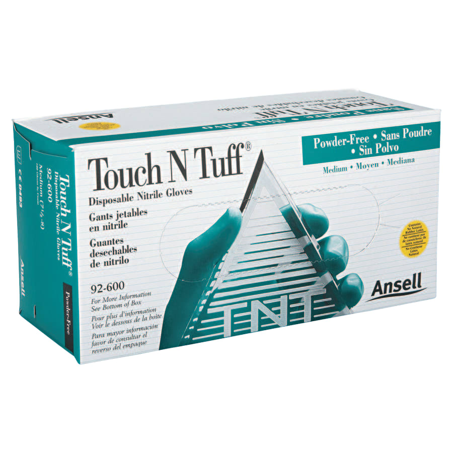 (image for) Touchntuff 92-600 Nitrile Powder-Free Disposable Gloves, 4.9 mil Palm/5.5 mil Fingers, Medium, Green