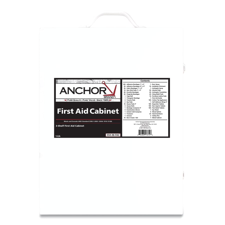 (image for) Anchor Brand 3 Shelf First Aid Cabinet, 150 Person, Metal Case, Includes 800 Pieces
