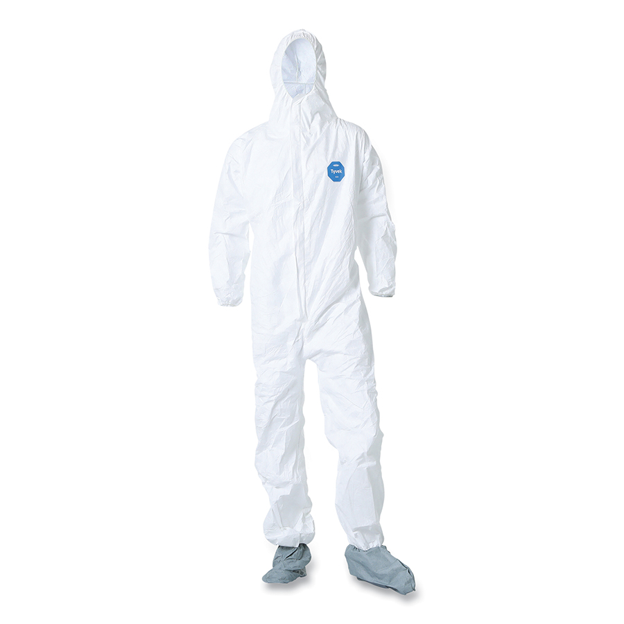 (image for) Dupont Tyvek 400 Coverall, Serged Seams, Attached Hood, Boots, Front Zipper, White, Medium, Case of 25