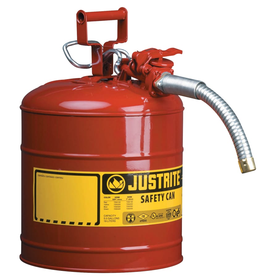 (image for) Justrite Type II AccuFlow Safety Can, Includes 1 in OD Flexible Metal Hose, Gas, 5 gal, Red