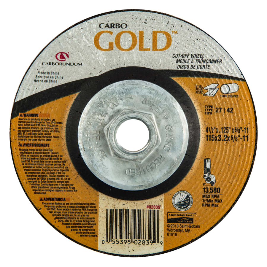 (image for) Carborundum Depressed Center Wheel, 4 1/2 in Dia, 1/8 in Thick, 5/8 in Arbor, 24 Grit, Pack of 20