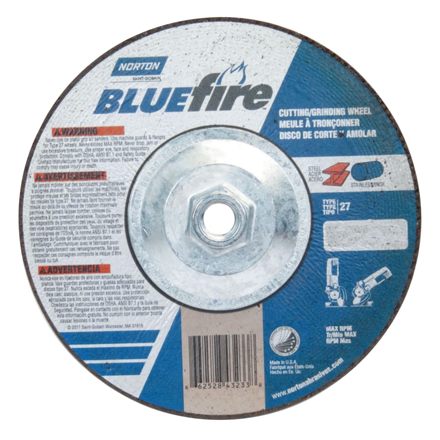 (image for) Norton Bluefire Type 27 Depressed Center Wheel, 7 in dia, 5/8 in Arbor, 1/8 in Thick, 24 Grit, Zirconia/Aluminum Oxide