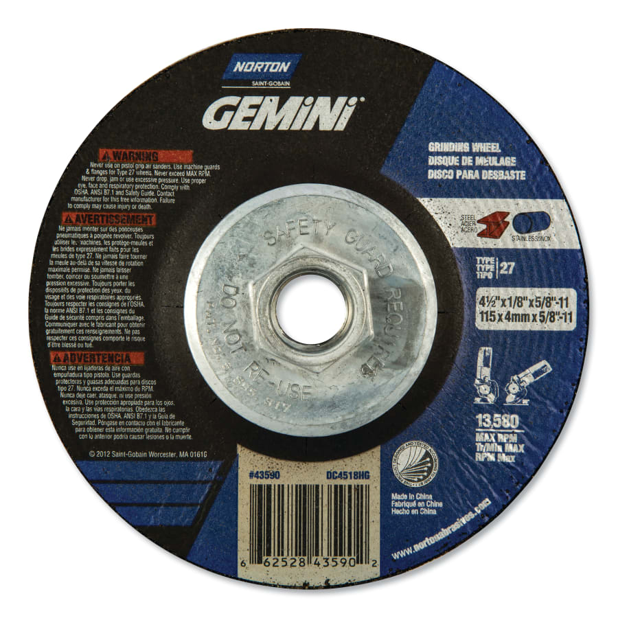 (image for) Norton Gemini Type 27 Grinding and Cutting Wheel, 4-1/2 in dia x 1/8 in T x 5/8 in-11 Arbor Hole, AO