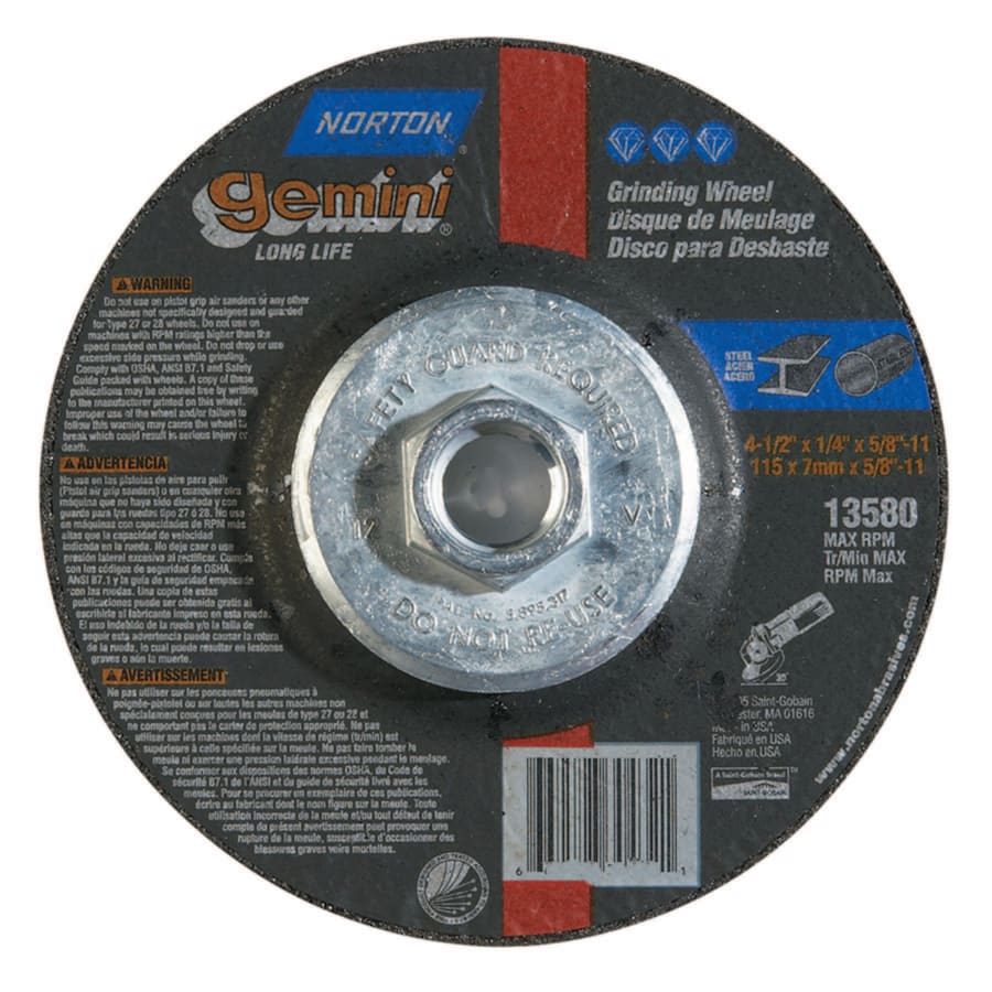 (image for) Norton Gemini Type 27 Grinding and Cutting Wheel, 4-1/2 in dia x 1/4 in T x 5/8 in-11 Arbor Hole, AO