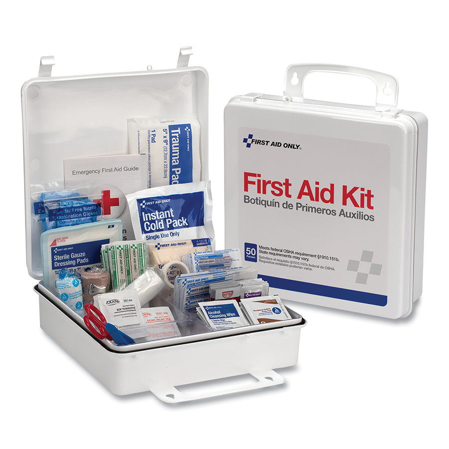 (image for) First Aid Only 50 Person ANSI First Aid Kit, Weatherproof Plastic Case, Carry Handle