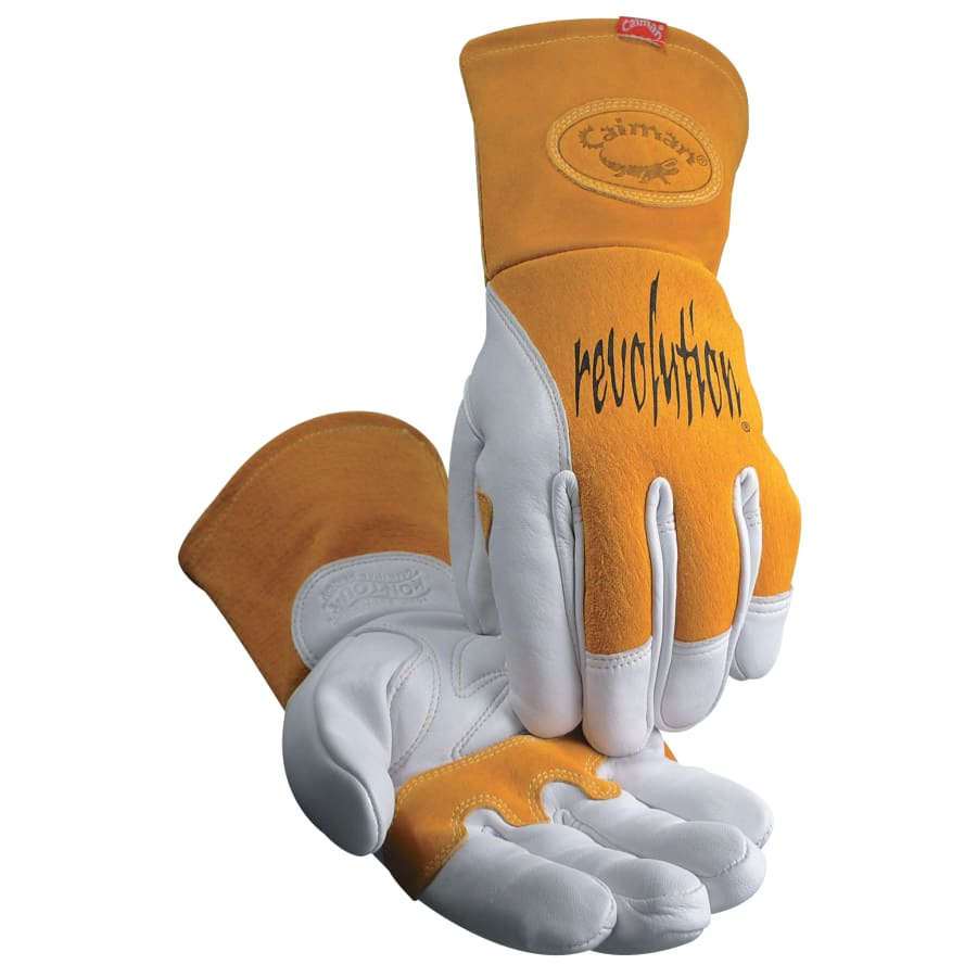 (image for) Caiman 1810 revolution Cow Grain Unlined Palm 2-Layer Insulated Back MIG/Stick Welding Gloves, Large, Gold/White, Gauntlet Cuff