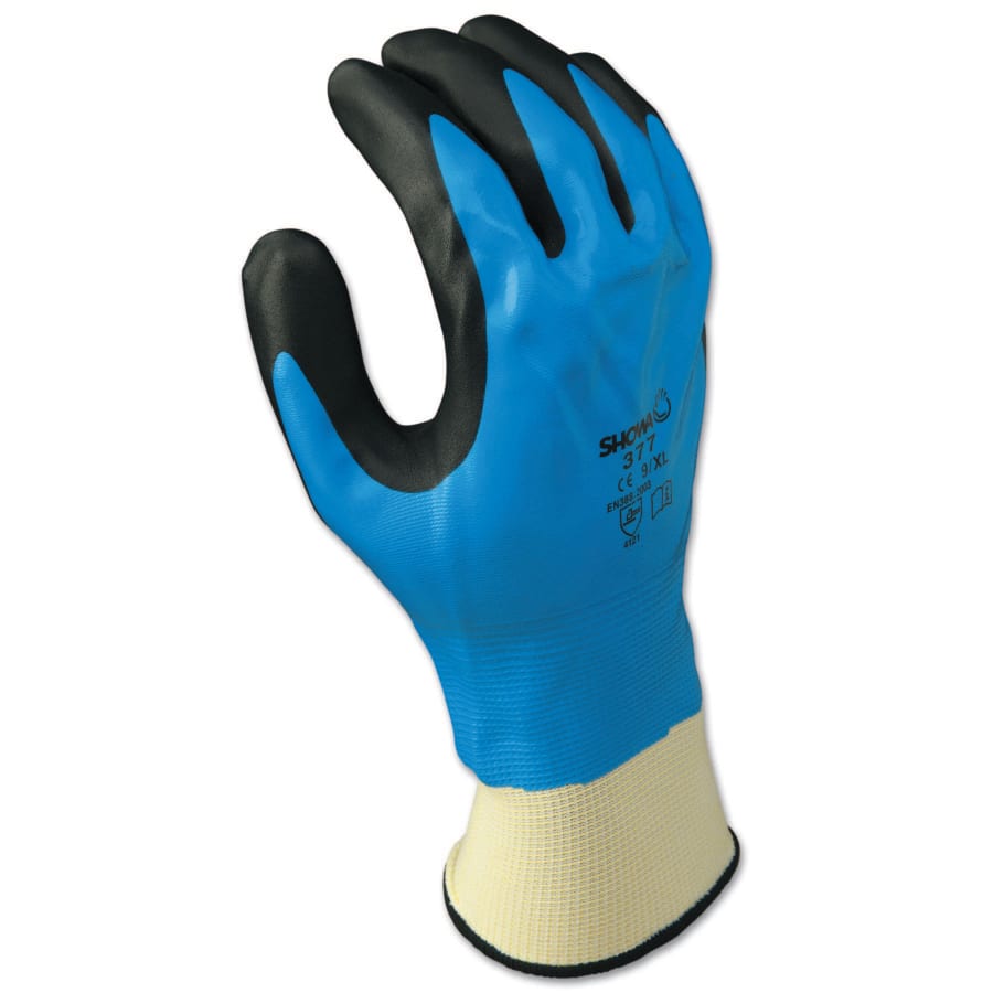 (image for) Showa 377 Liquid Resistant Nitrile/Nitrile Foam Coated Gloves, Large, Black/Blue/White