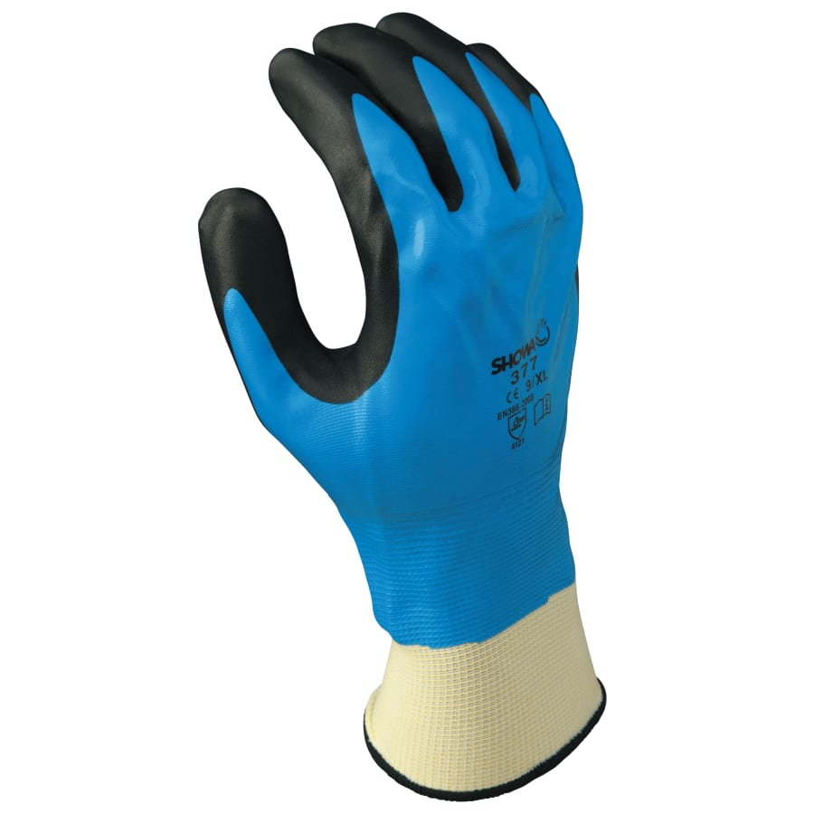 (image for) Showa 377 Liquid Resistant Nitrile/Nitrile Foam Coated Gloves, X-Large, Black/Blue/White