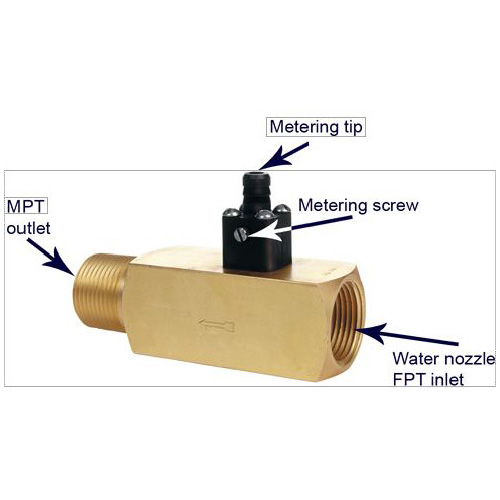 (image for) DEMA C-Series Injector, Brass, 3/8" NPT Connection, External Metering Screw/Tips, Stainless Steel Metering Knob, 21 oz/min Maxim