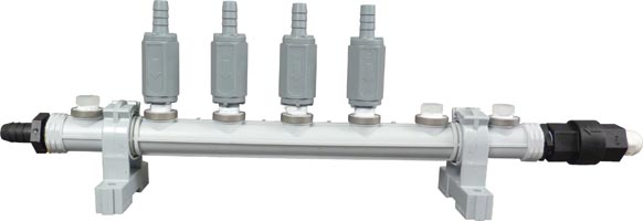 (image for) DEMA Flush Manifold, 4 Station, 3/8" Push Connect Chemical Ports, 3/8" JG on Outlet